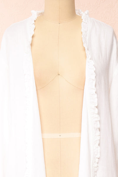 Zenaria White Linen Kimono w/ Ruffles | Boutique 1861 open close-up