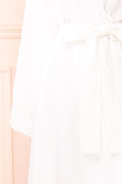 Zenaria White Linen Kimono w/ Ruffles | Boutique 1861 sleeve