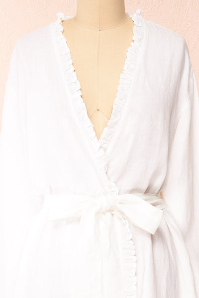 Zenaria White Linen Kimono w/ Ruffles | Boutique 1861 front close-up