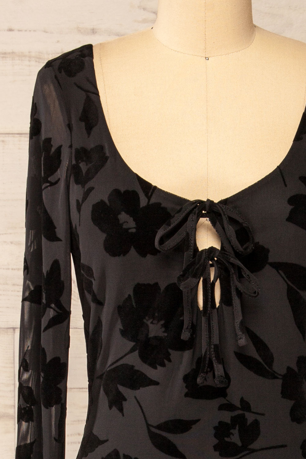 Zennor Black Mesh Floral Dress w/ Long Sleeves | La petite garçonne front close-up