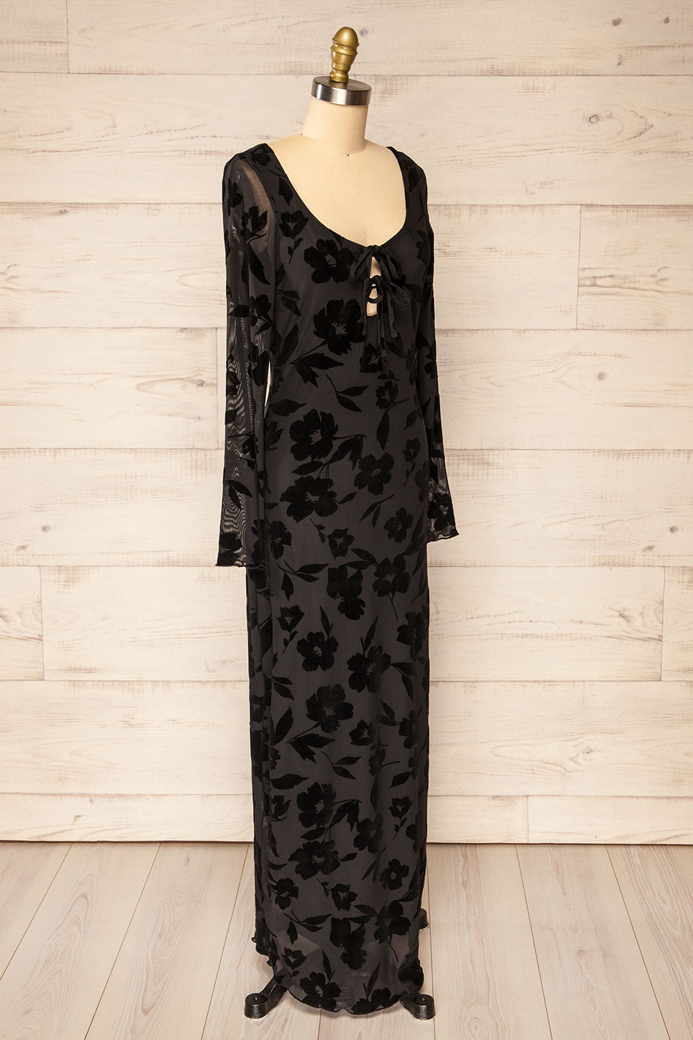 Zennor Black Mesh Floral Dress w/ Long Sleeves | La petite garçonne side view