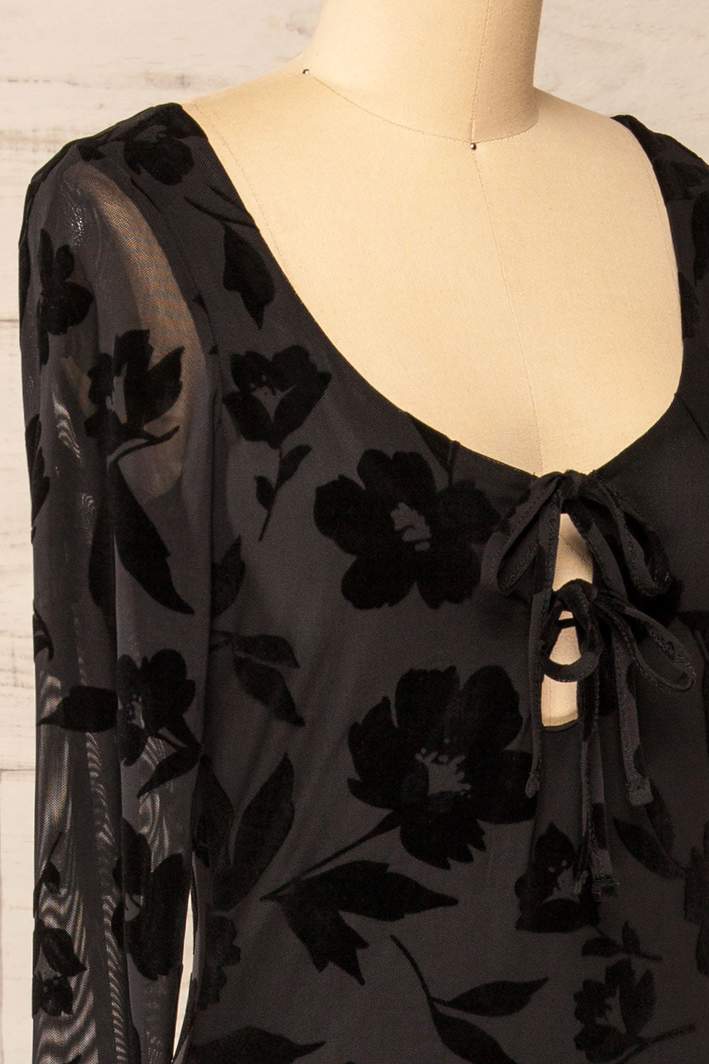 Zennor Black Mesh Floral Dress w/ Long Sleeves | La petite garçonne side close-up