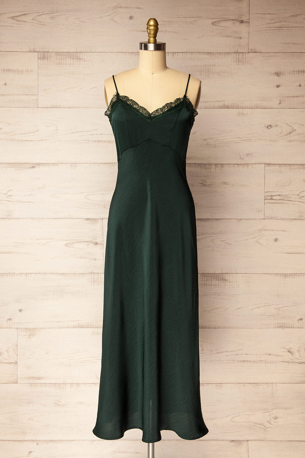 Zephara Green Satin Dress with Lace | La petite garçonne front view