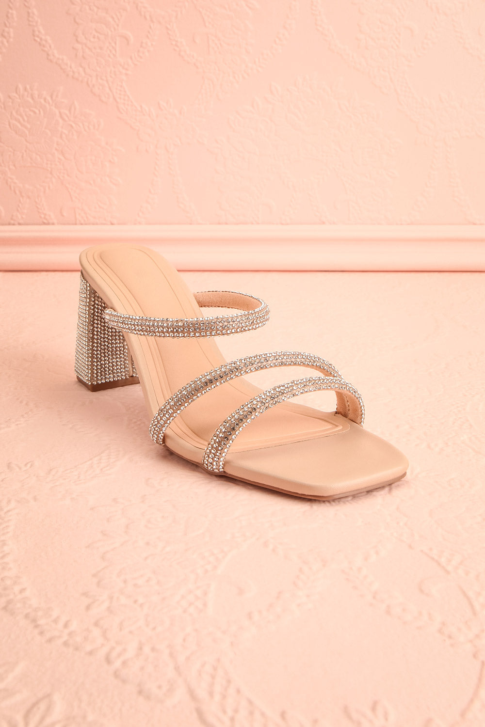 Zephra Beige Strappy Sandals w/ Crystals | Boutique 1861 front view