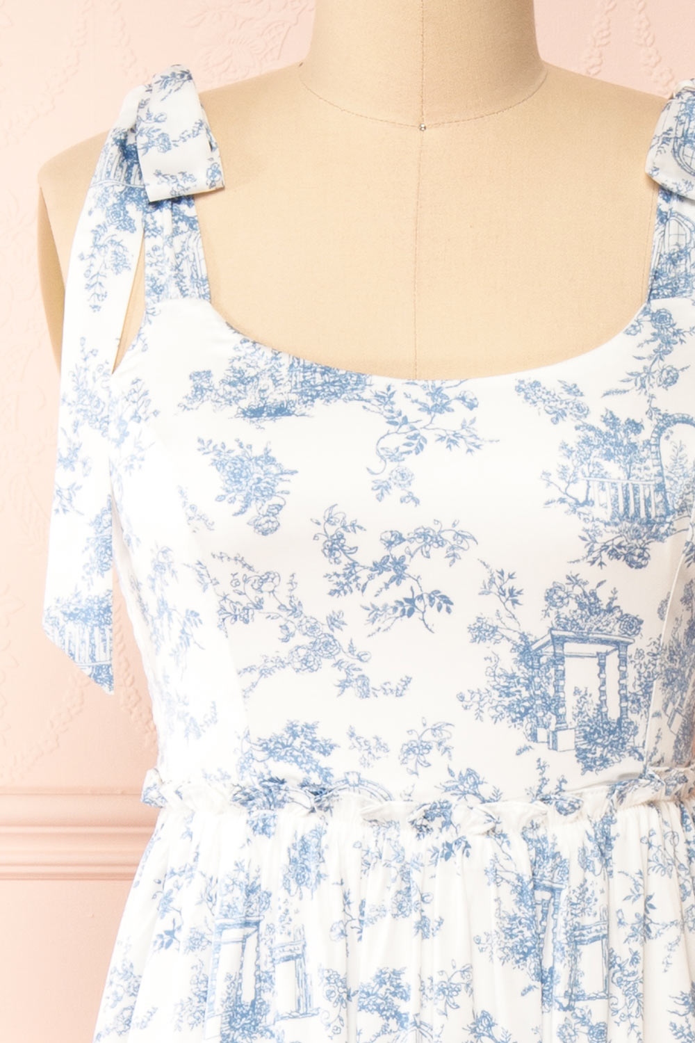 Zephyra Maxi White & Blue Patterned Dress | Boutique 1861 front close-up 