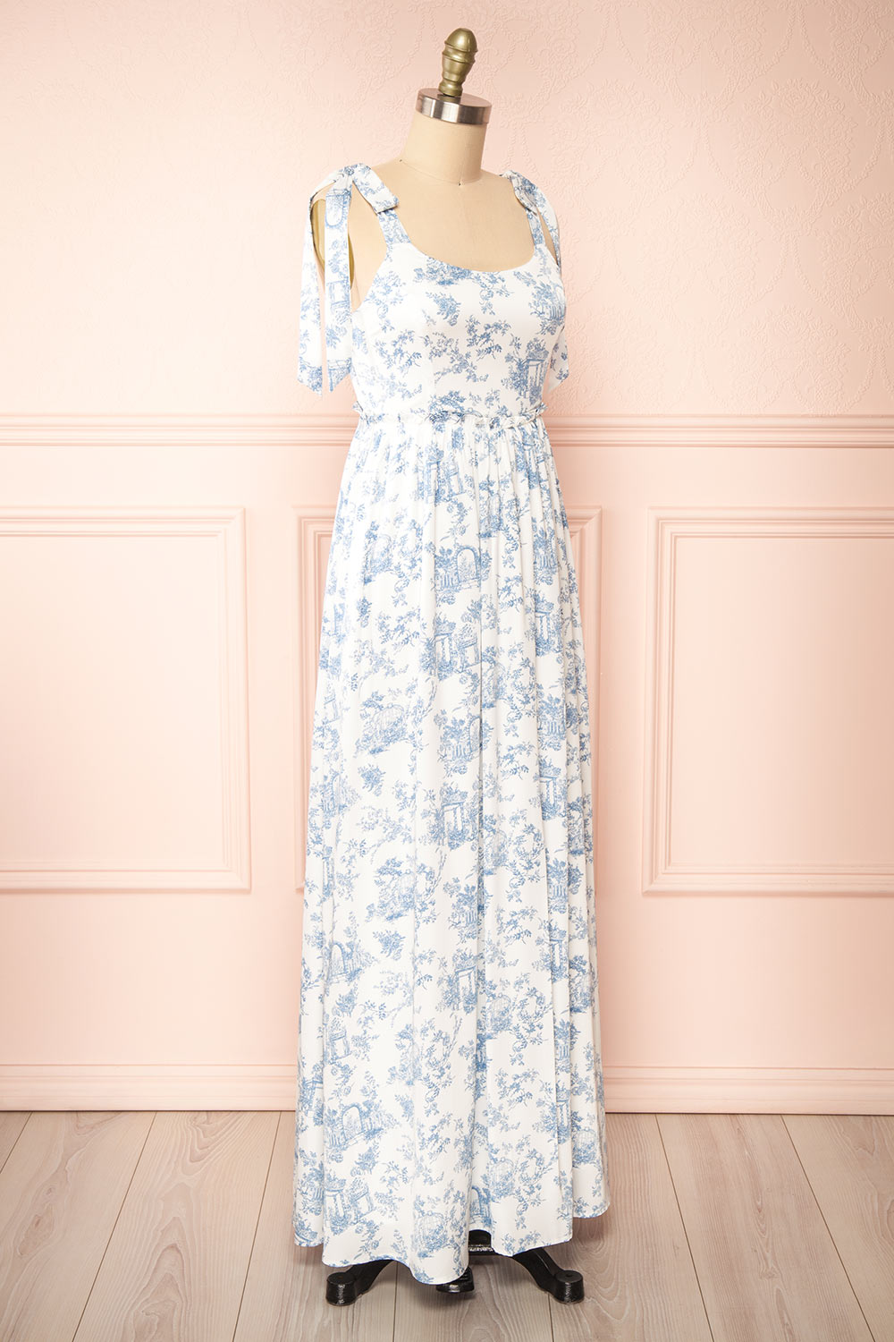 Zephyra Maxi White & Blue Patterned Dress | Boutique 1861 side view