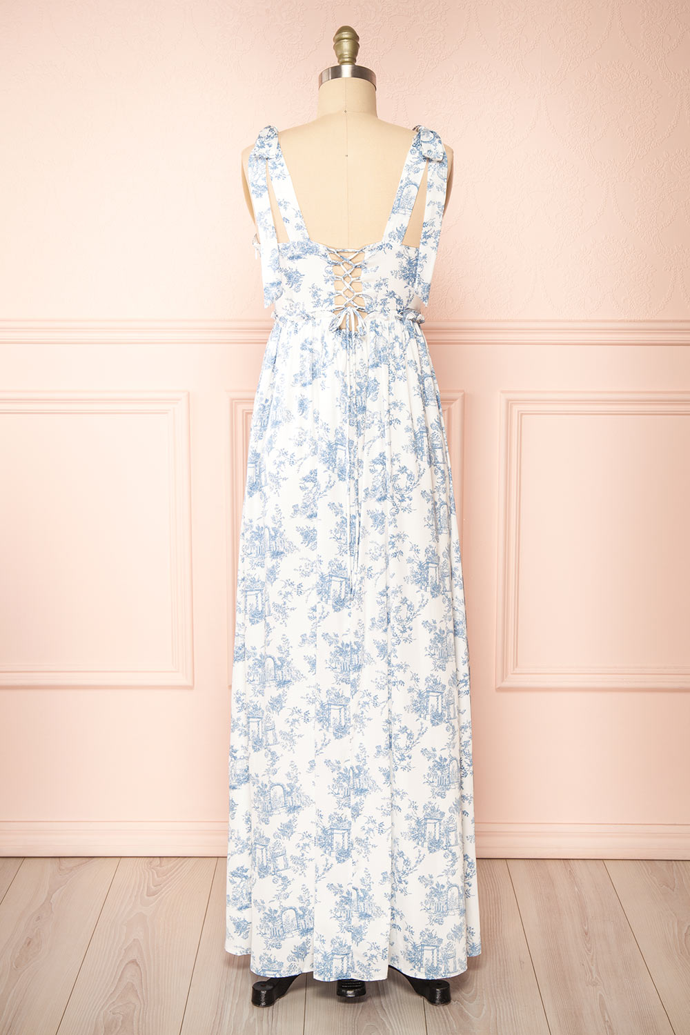 Zephyra Maxi White & Blue Patterned Dress | Boutique 1861 back view