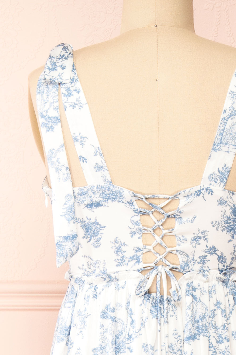 Zephyra Maxi White & Blue Patterned Dress | Boutique 1861 back close-up