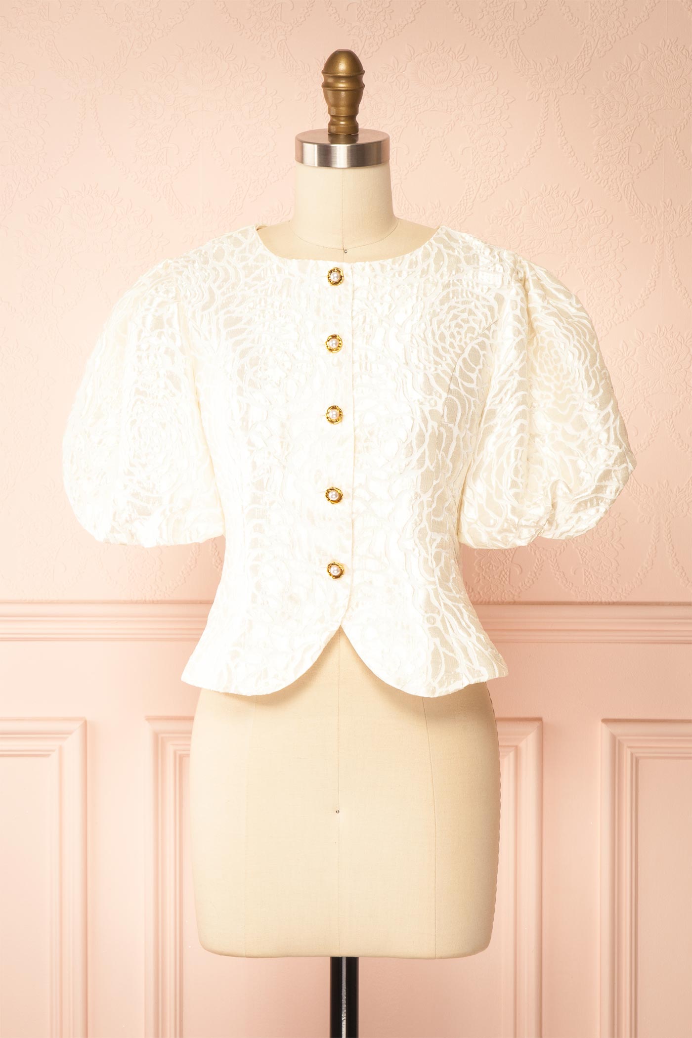 Zephyros Ivory Floral Jacquard Puff Sleeve Top with Pearl Buttons | Boudoir 1861 front view