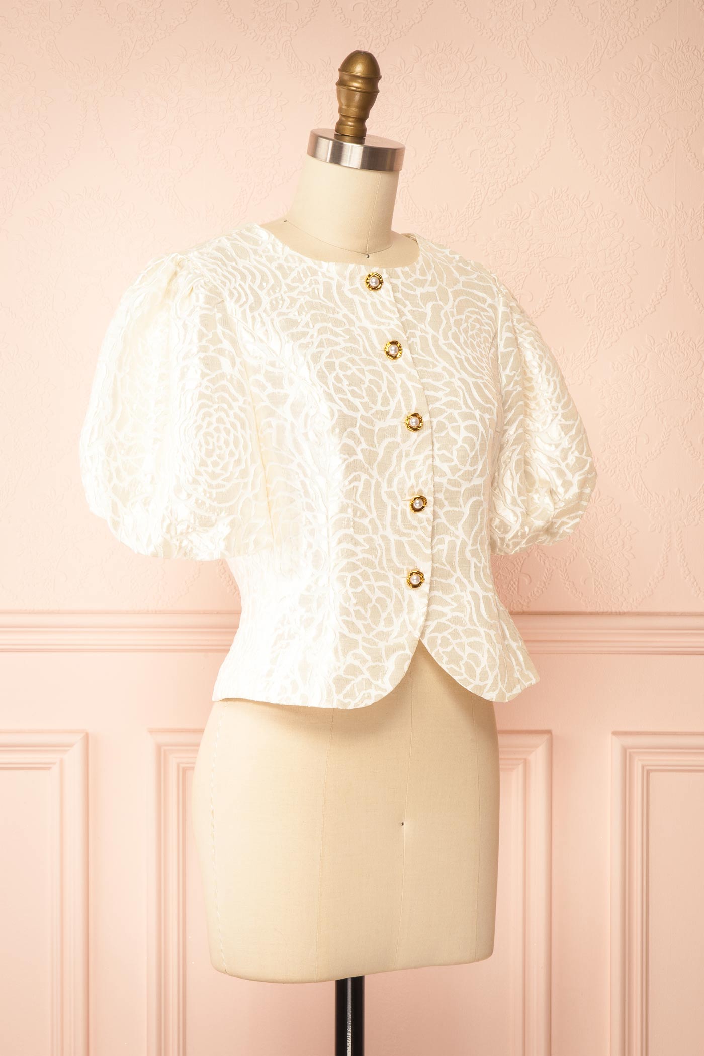 Zephyros Ivory Floral Jacquard Puff Sleeve Top with Pearl Buttons | Boudoir 1861 side view