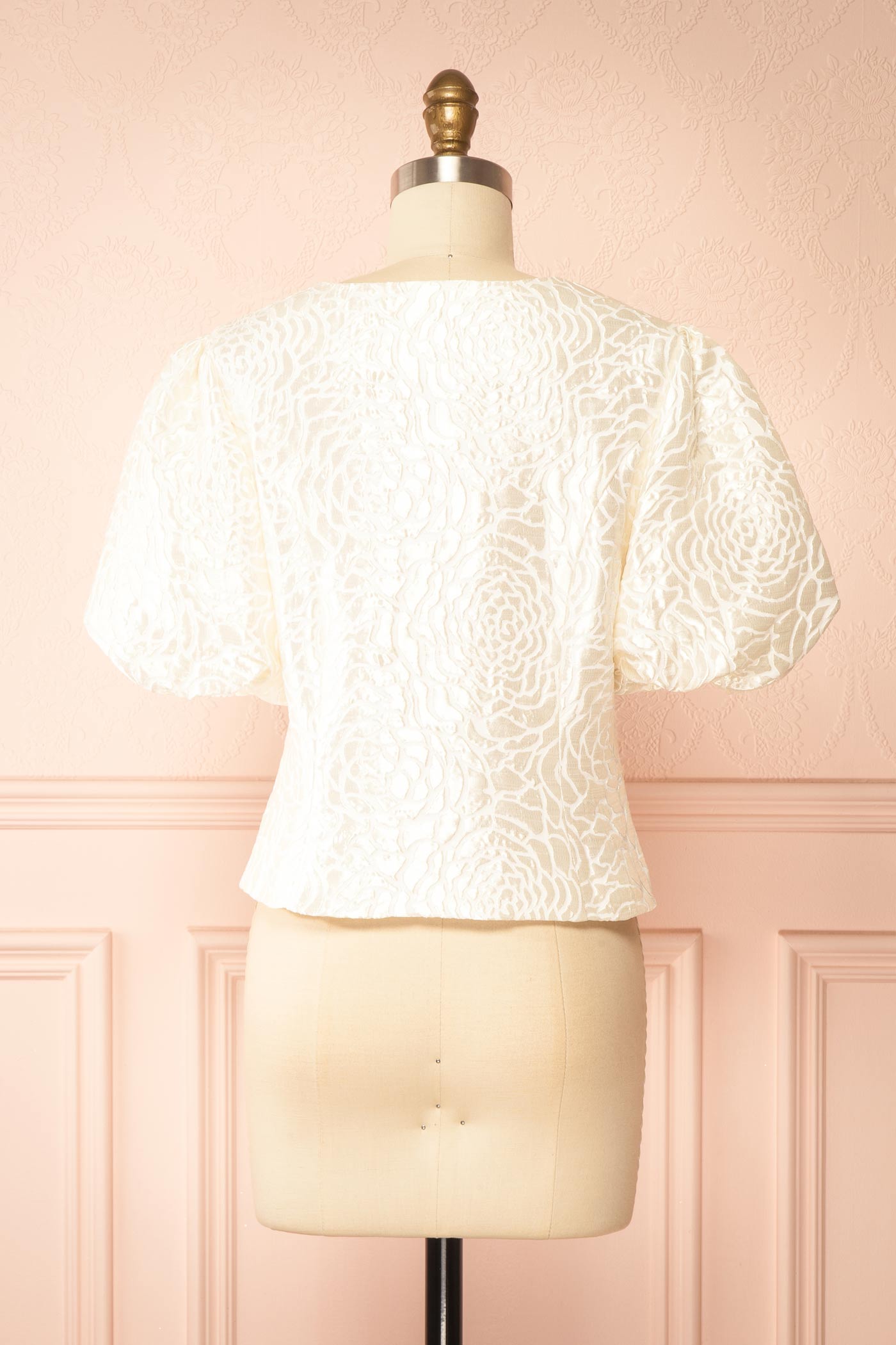 Zephyros Ivory Floral Jacquard Puff Sleeve Top with Pearl Buttons | Boudoir 1861 back view