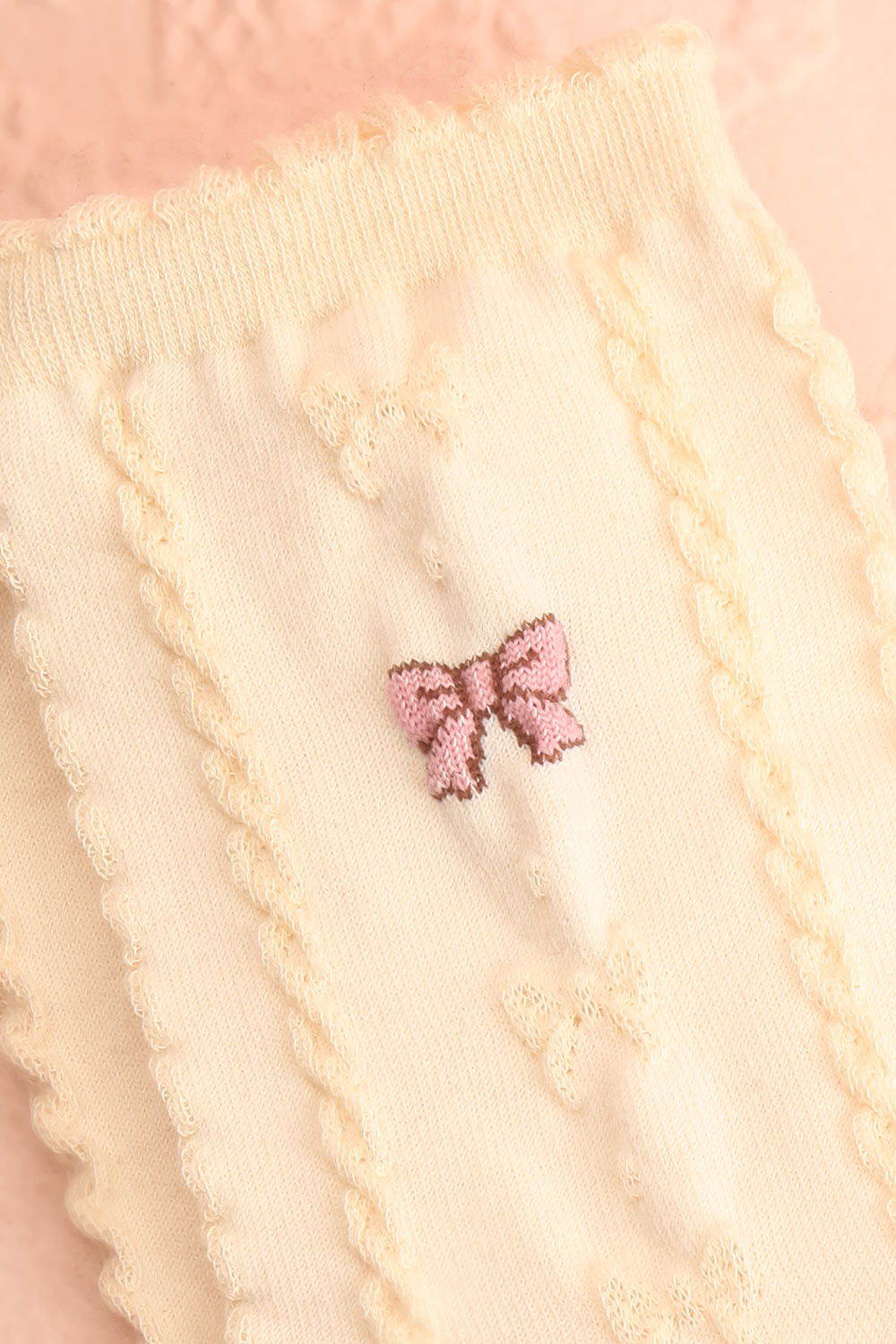 Zeta Ivory Crew Socks w/ Pink Bow | Boutique 1861 close-up