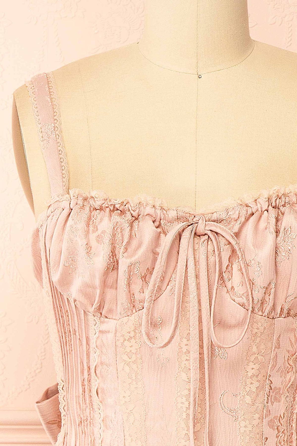 details view of Zolda Pink Short Jacquard Corset Dress with Back Bow at Boutique 1861