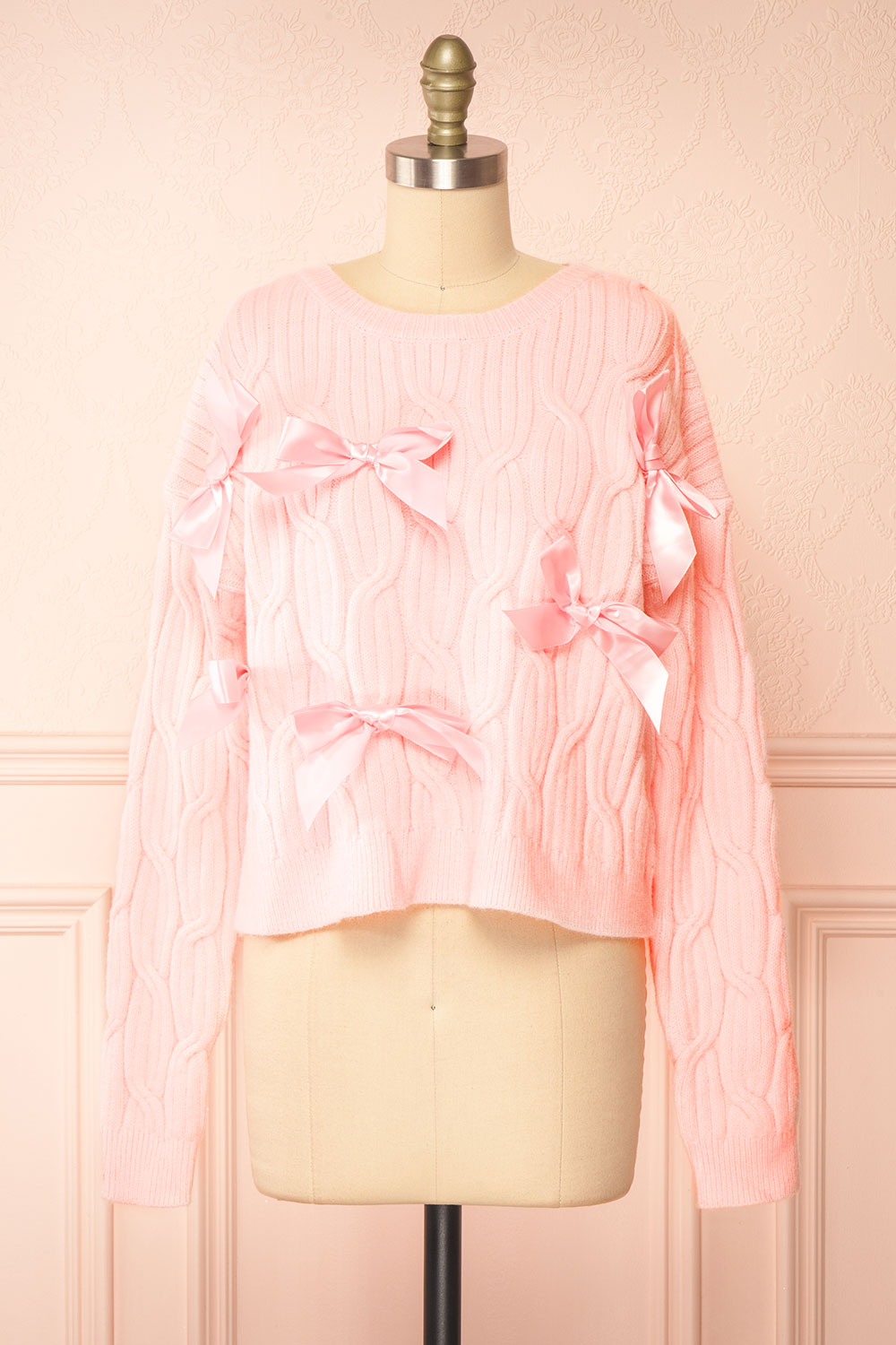 Zorane Pink Knit Sweater w/ Satin Bows | Boutique 1861 front view