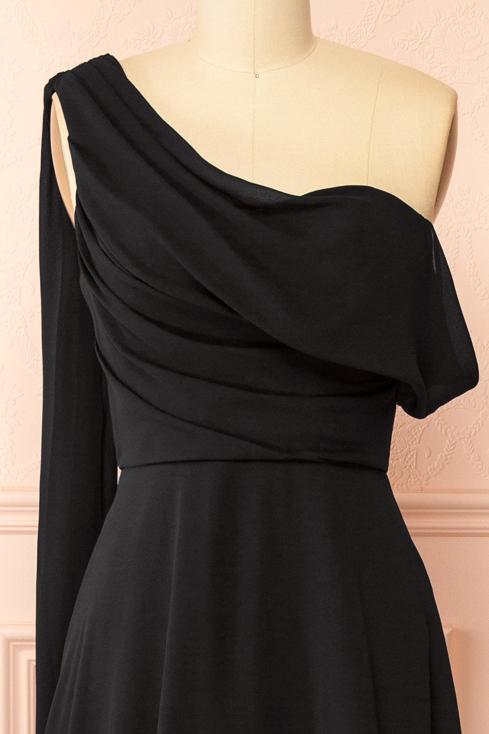 Zorua Black One-Shoulder Maxi Dress with Cape Sleeve | Boutique 1861