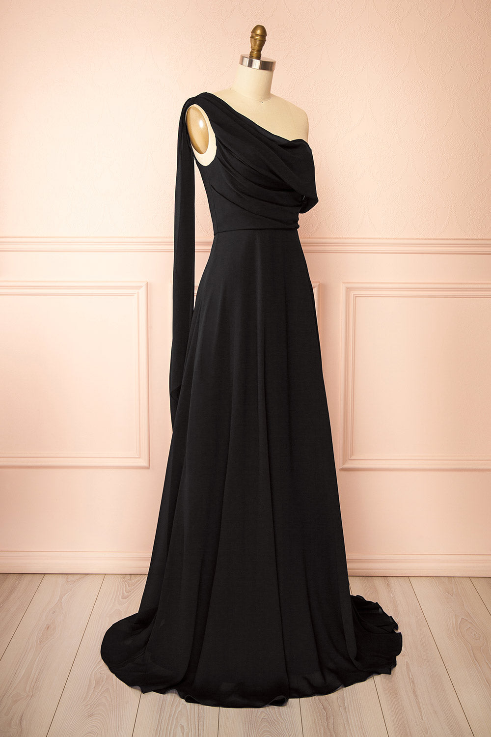 Zorua Black One-Shoulder Maxi Dress with Cape Sleeve | Boutique 1861