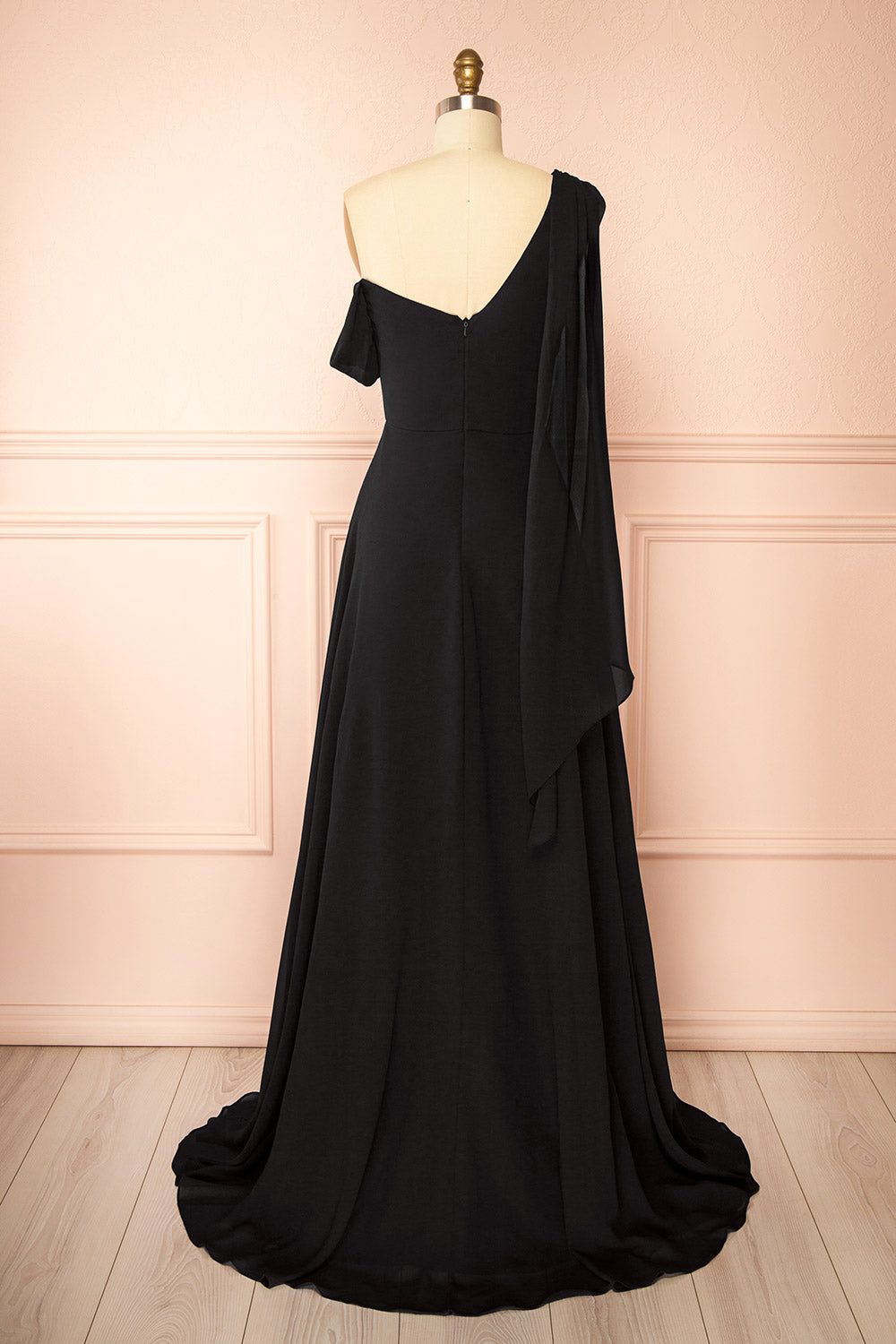 Zorua Black One-Shoulder Maxi Dress with Cape Sleeve | Boutique 1861