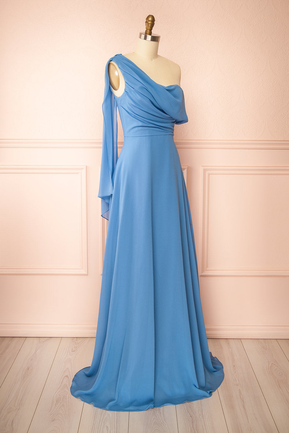 Zorua Blue | One-Shoulder Maxi Dress with Cape Sleeve