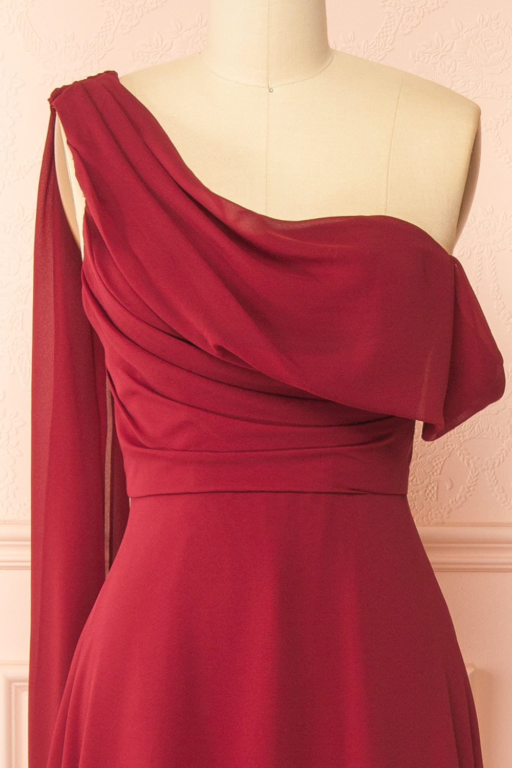 Zorua Burgundy | One-Shoulder Maxi Dress with Cape Sleeve