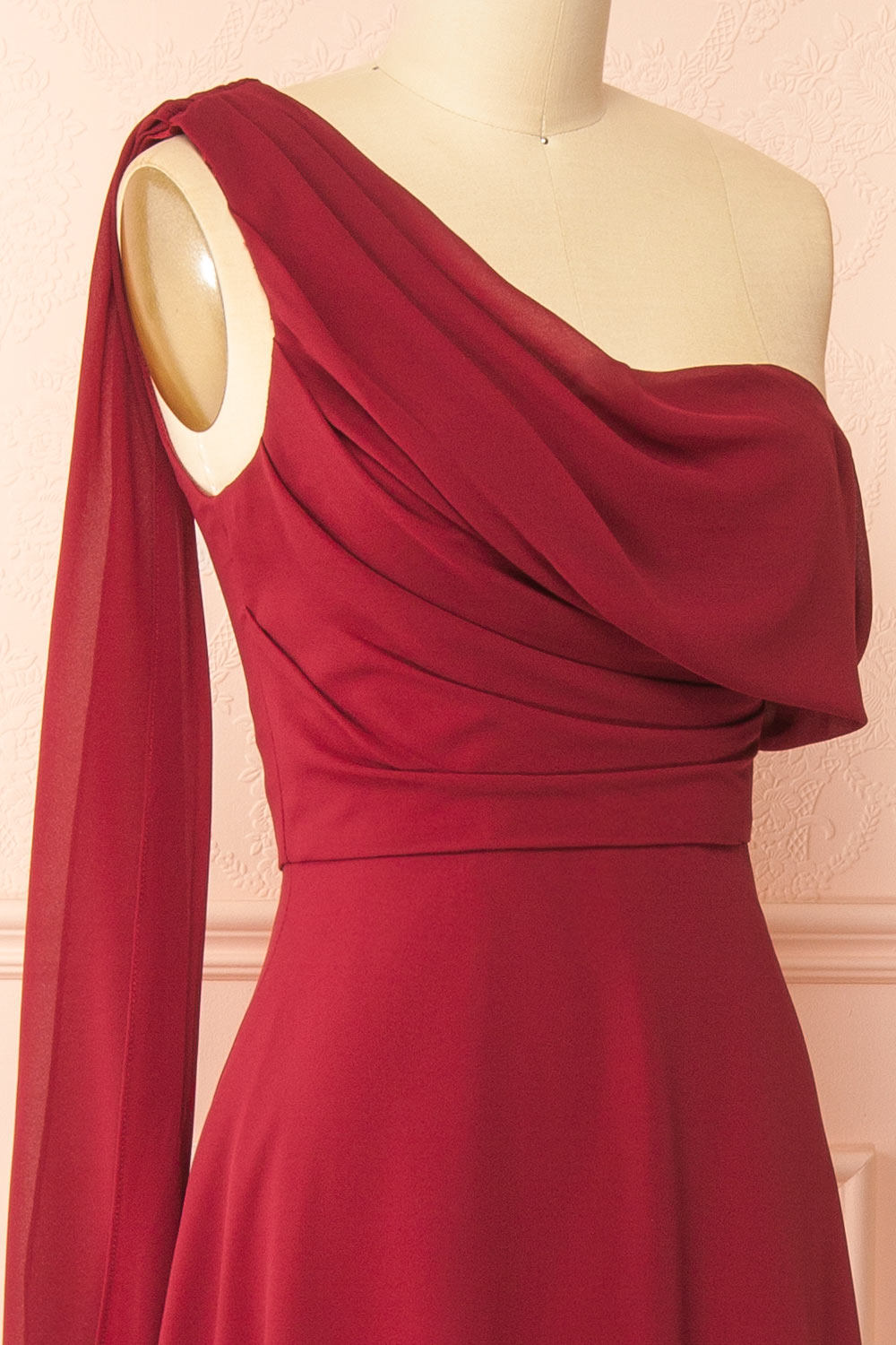 Zorua Burgundy | One-Shoulder Maxi Dress with Cape Sleeve