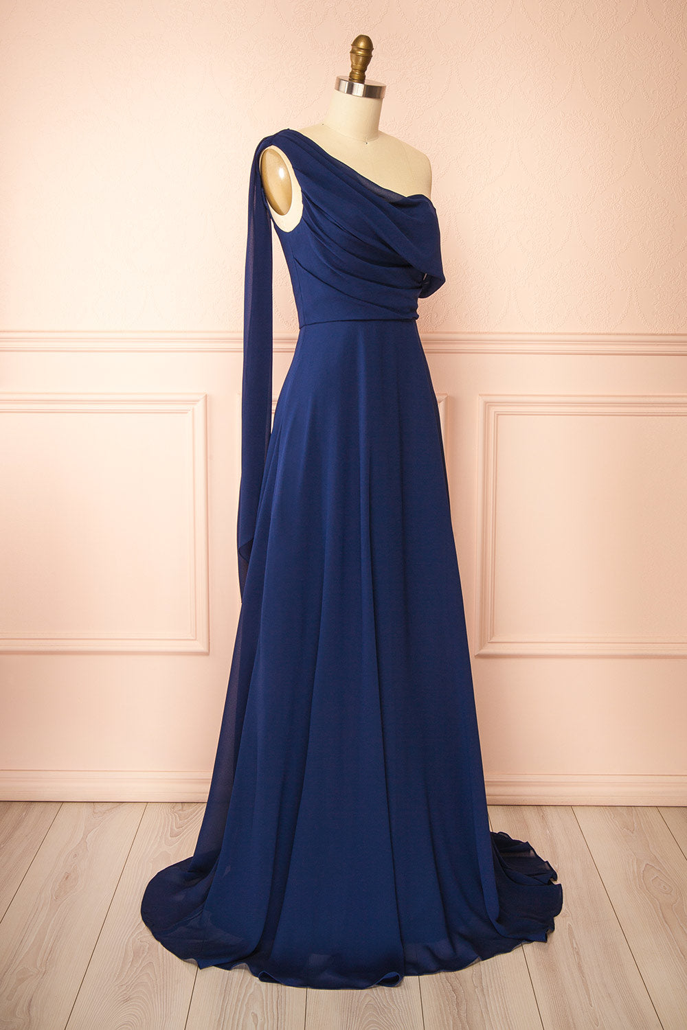 Zorua Navy | One-Shoulder Maxi Dress with Cape Sleeve