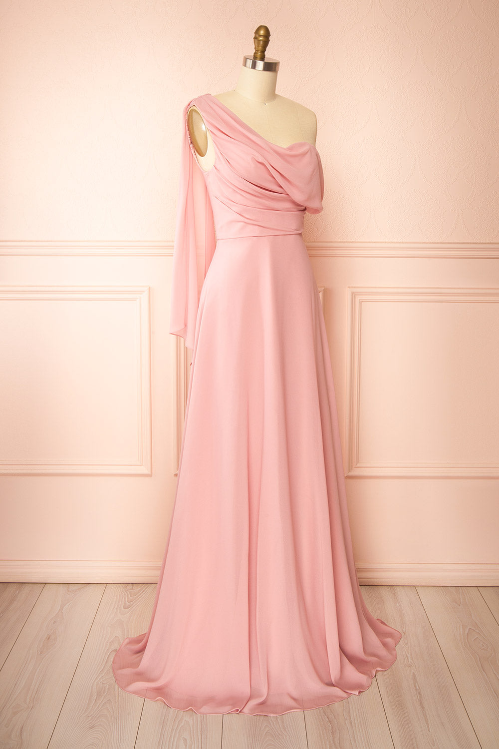 Zorua Pink One-Shoulder Maxi Dress with Cape Sleeve | Boutique 1861