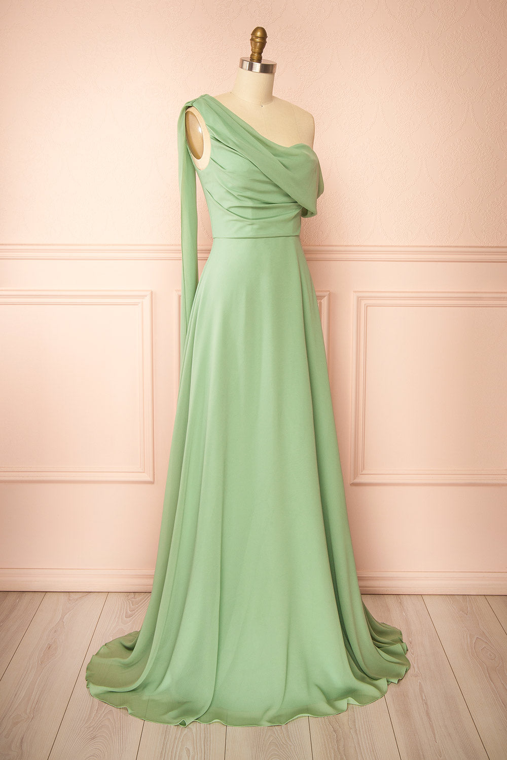 Zorua Sage | One-Shoulder Maxi Dress with Cape Sleeve