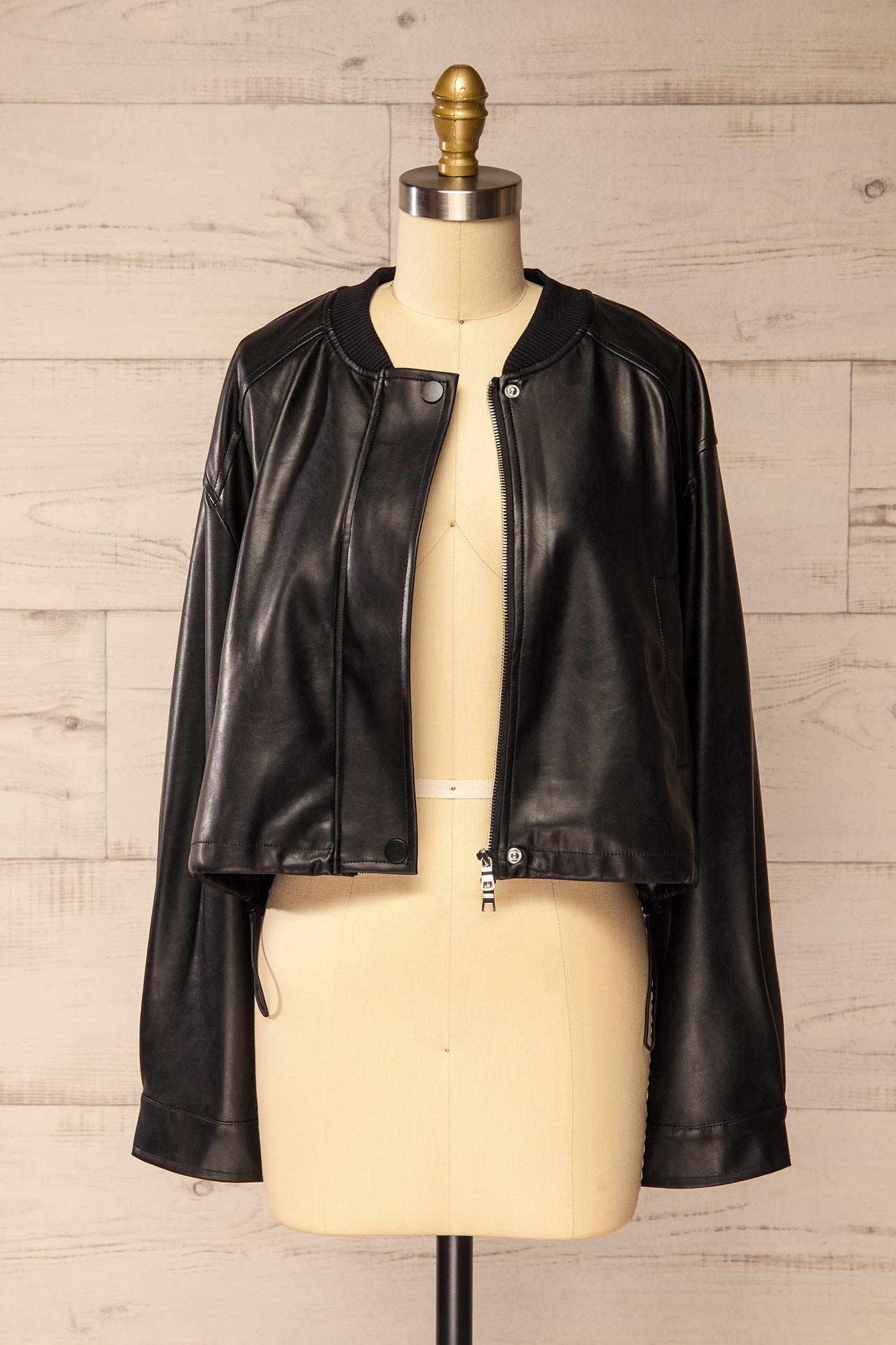 open view of Zottegem Black Faux-Leather Cropped Jacket at La petite garçonne