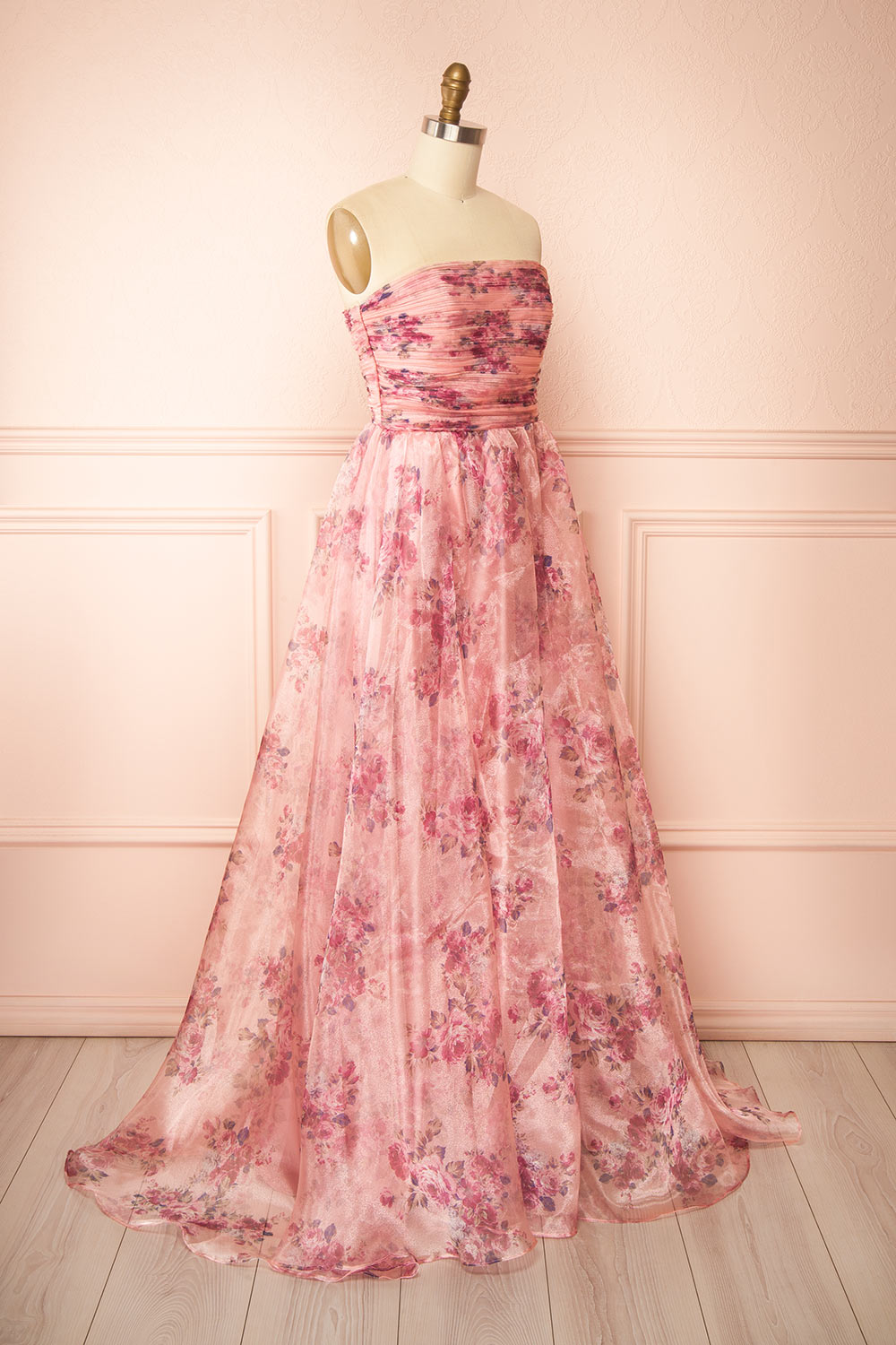 side view of sewing mannequin wearing Zouleikha Pink Floral Maxi Strapless Dress from Boutique 1861