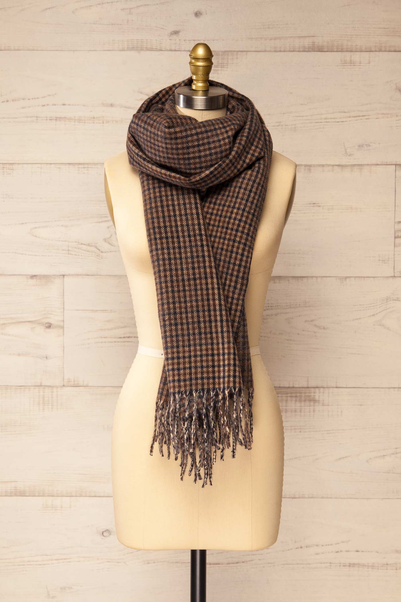 front view of Zoumi Beige Plaid Wide Scarf with Fringes at La petite garçonne