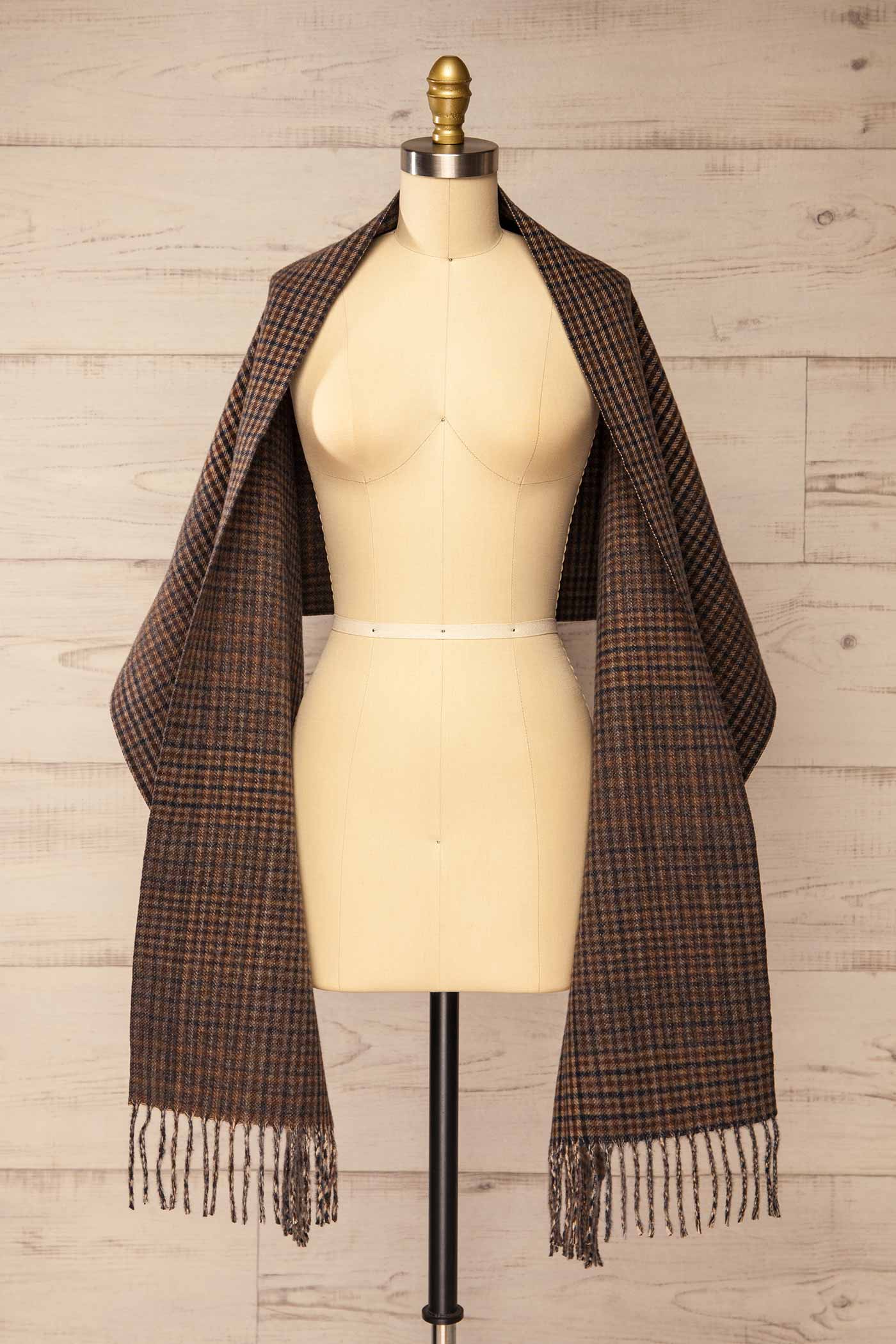 shawl view of Zoumi Beige Plaid Wide Scarf with Fringes at La petite garçonne