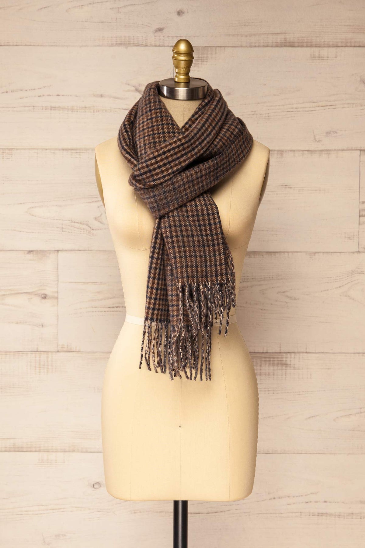 cross view of Zoumi Beige Plaid Wide Scarf with Fringes at La petite garçonne