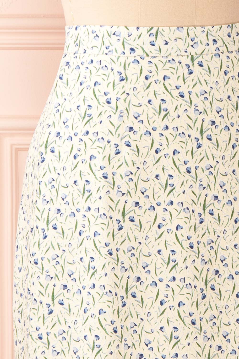 Zowie Midi A-Line Blue Floral Skirt w/ Slit | Boutique 1861 side close-up