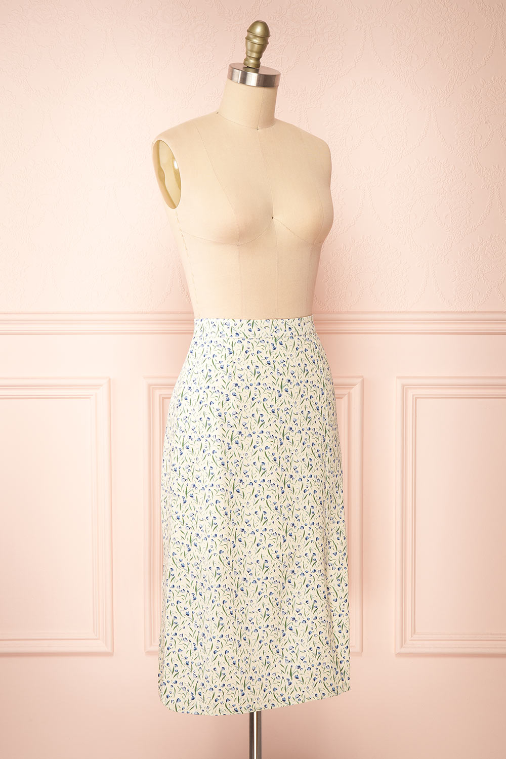 Zowie Midi A-Line Blue Floral Skirt w/ Slit | Boutique 1861 side view