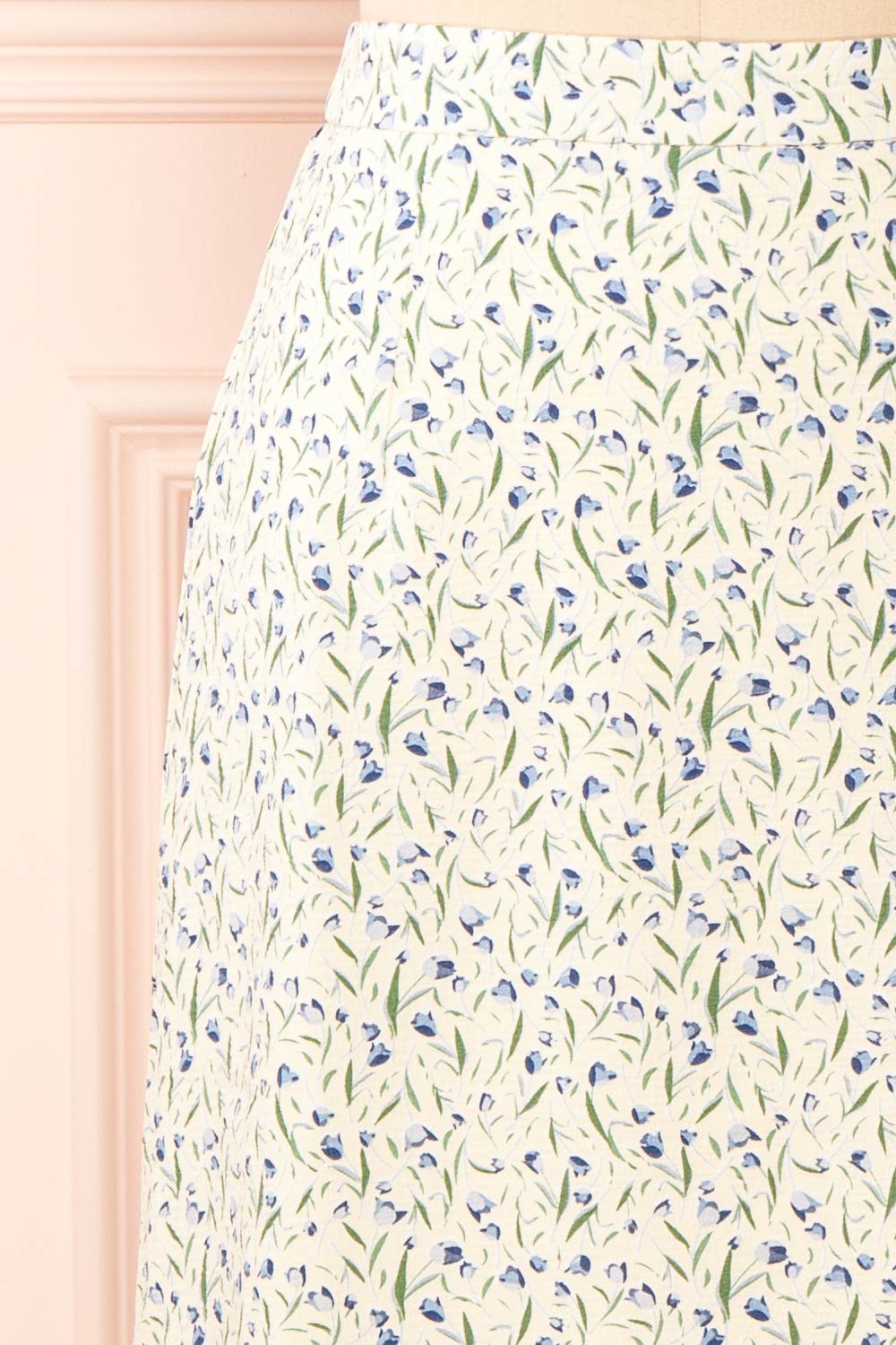 Zowie Midi A-Line Blue Floral Skirt w/ Slit | Boutique 1861 front close-up