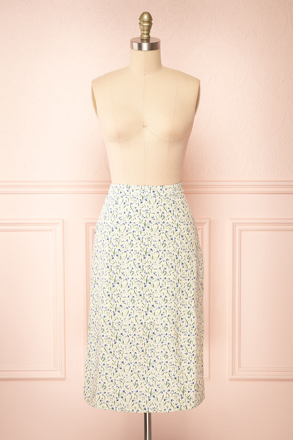 Zowie Midi A-Line Blue Floral Skirt w/ Slit | Boutique 1861 front view