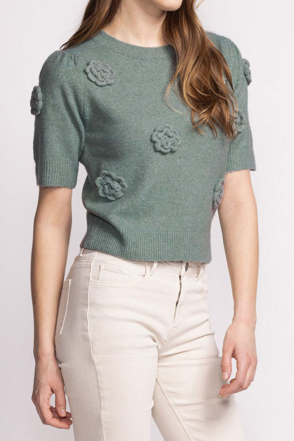 Zuniki Sage Knit Top w/ Crochet Flowers | Boutique 1861 on model