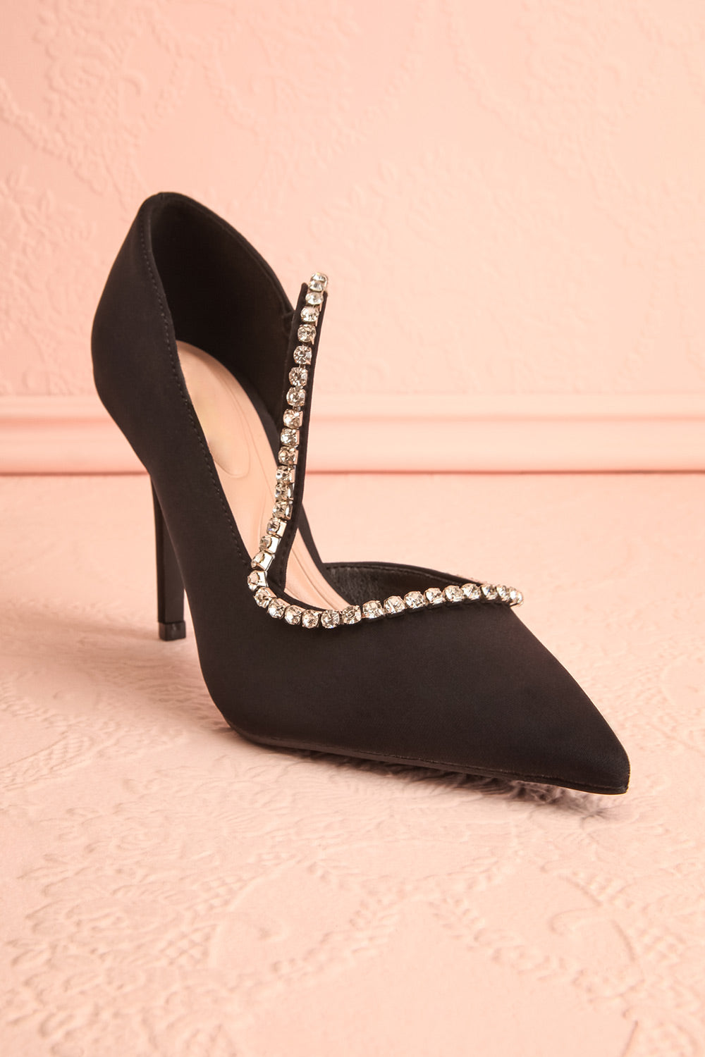 Zulana Black Pointed Toe Heels w/ Crystals | Boutique 1861 front view