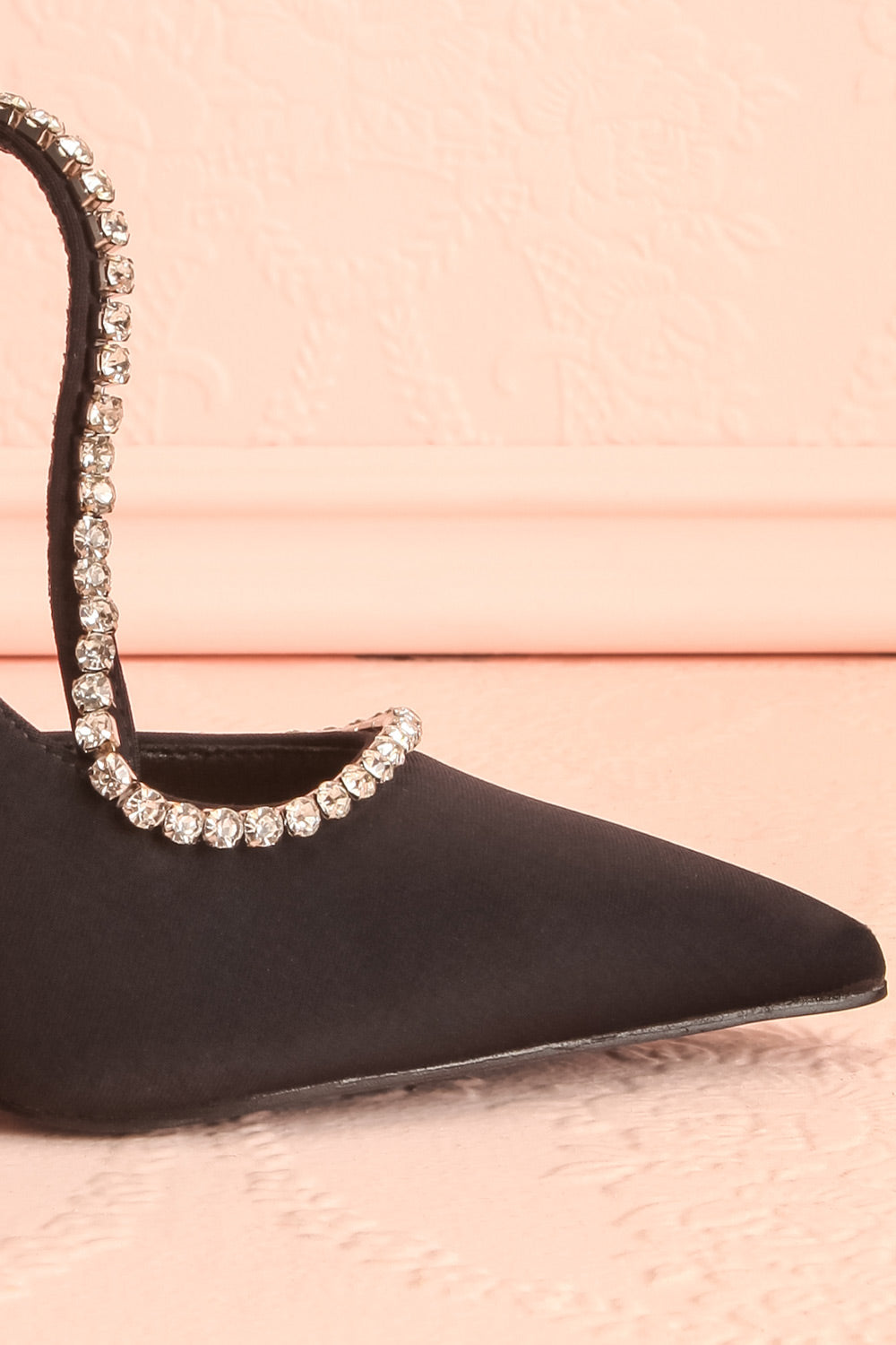 Zulana Black Pointed Toe Heels w/ Crystals | Boutique 1861 side front close-up