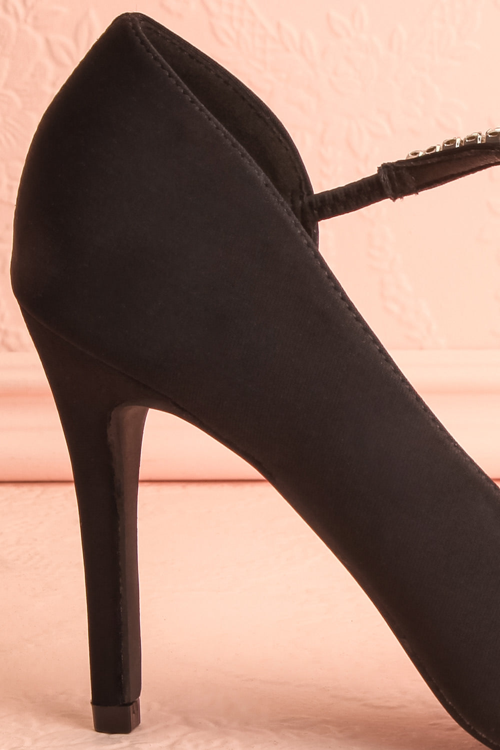 Zulana Black Pointed Toe Heels w/ Crystals | Boutique 1861 side back close-up