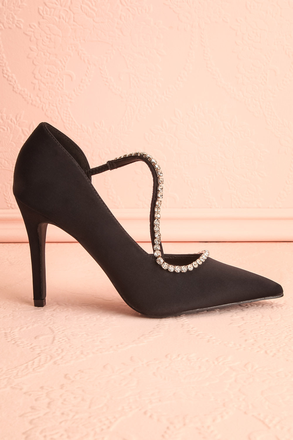 Zulana Black Pointed Toe Heels w/ Crystals | Boutique 1861 side view