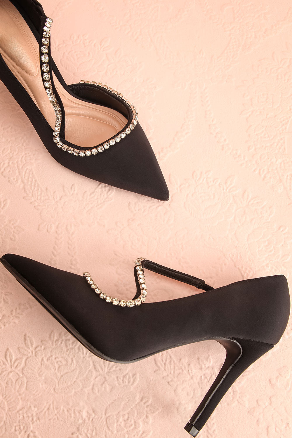 Zulana Black Pointed Toe Heels w/ Crystals | Boutique 1861 flat view