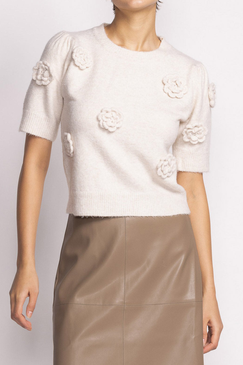 Zuniki Ivory Knit Top w/ Crochet Flowers | Boutique 1861 on model