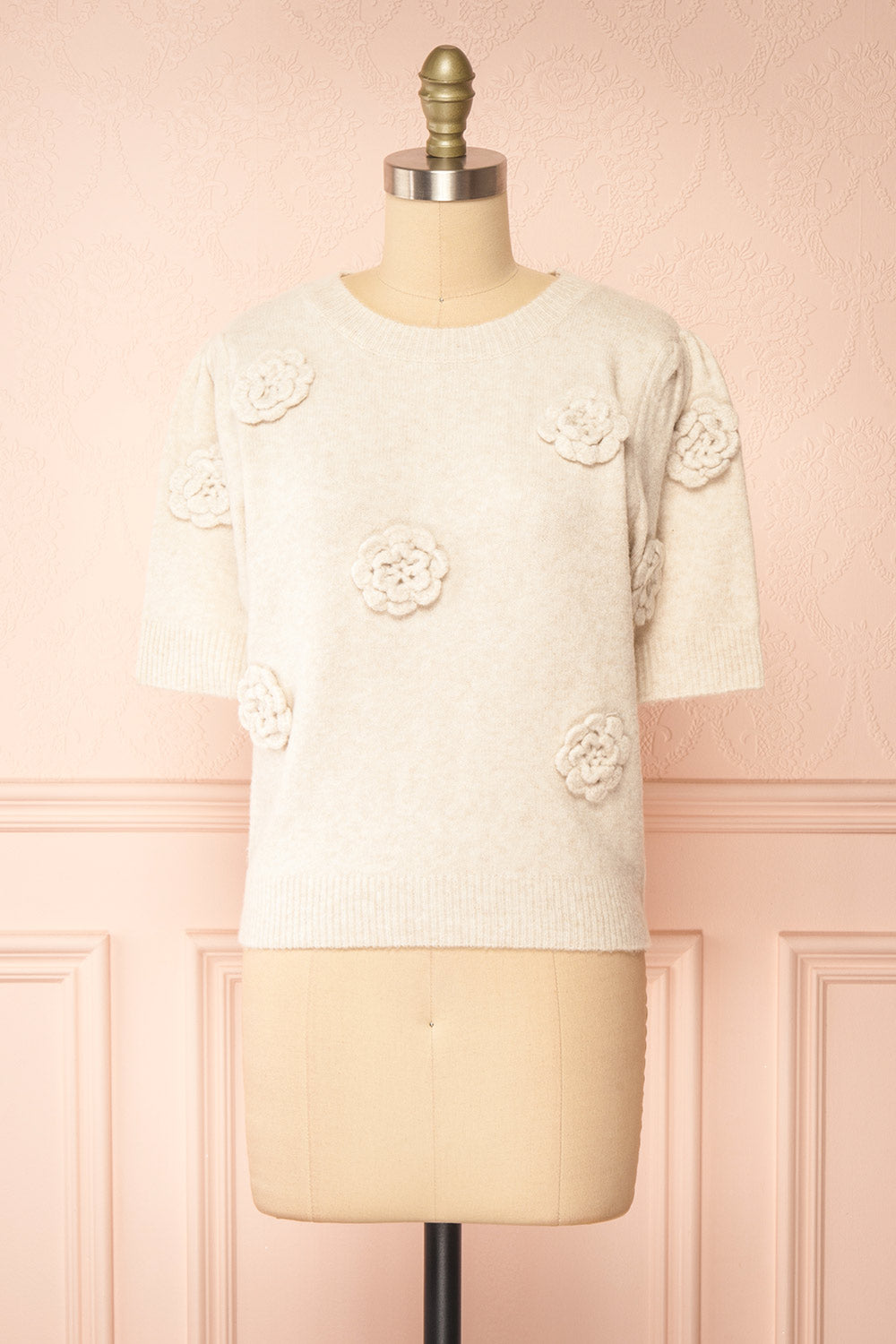 Zuniki Ivory Knit Top w/ Crochet Flowers | Boutique 1861 front view