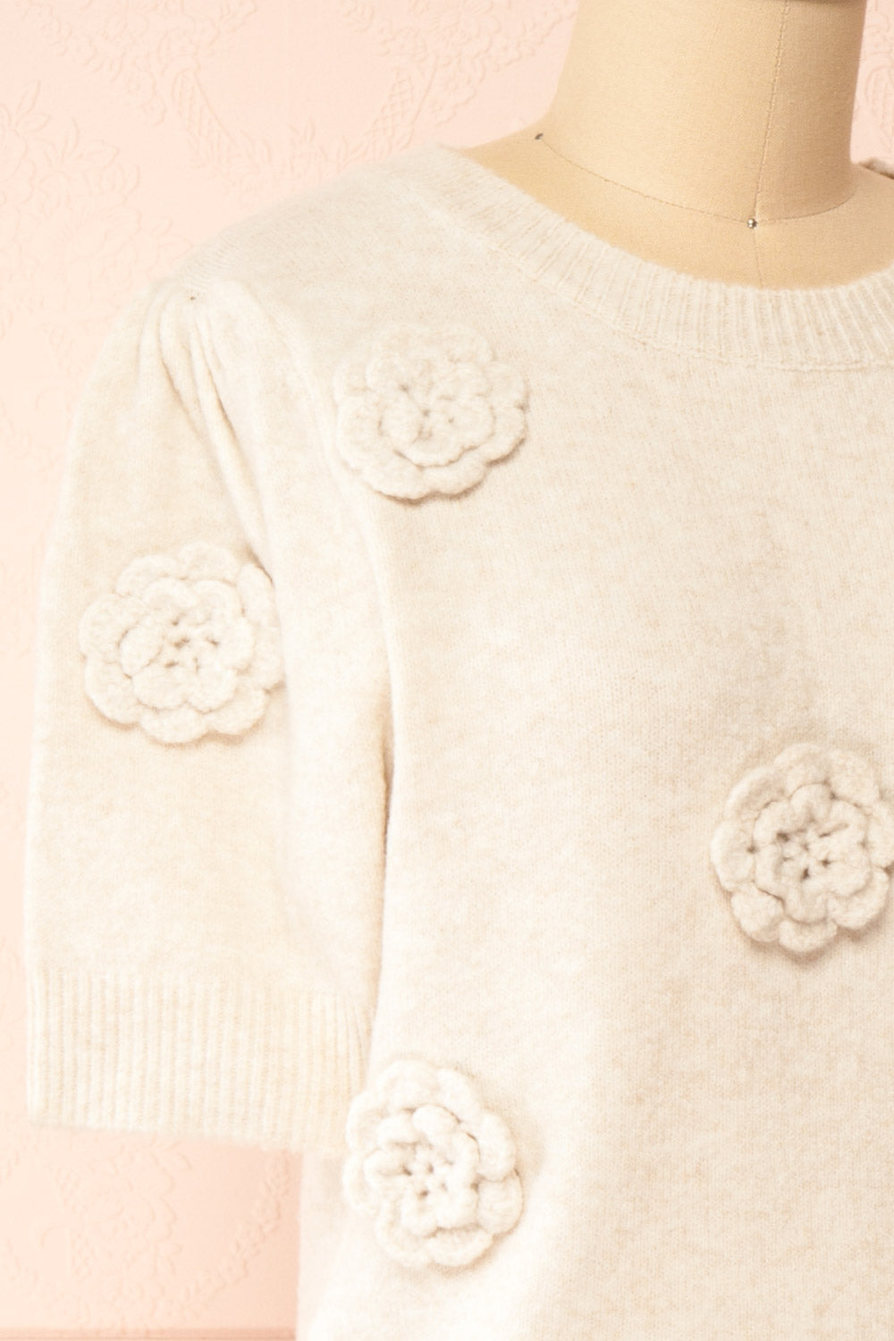 Zuniki Ivory Knit Top w/ Crochet Flowers | Boutique 1861  side