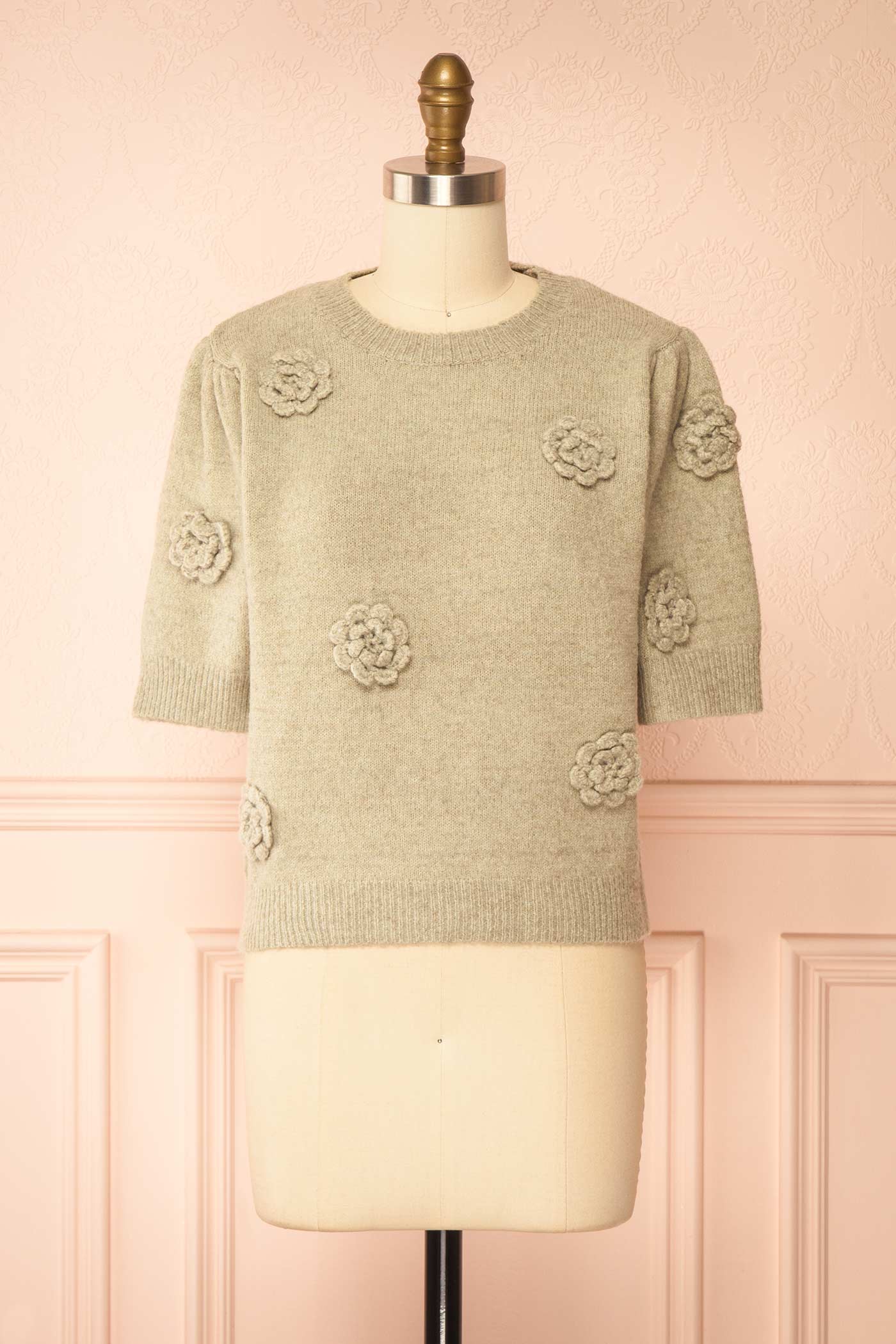 front view of Zuniki Sage Knit Top with Crochet Flowers at Boutique 1861 