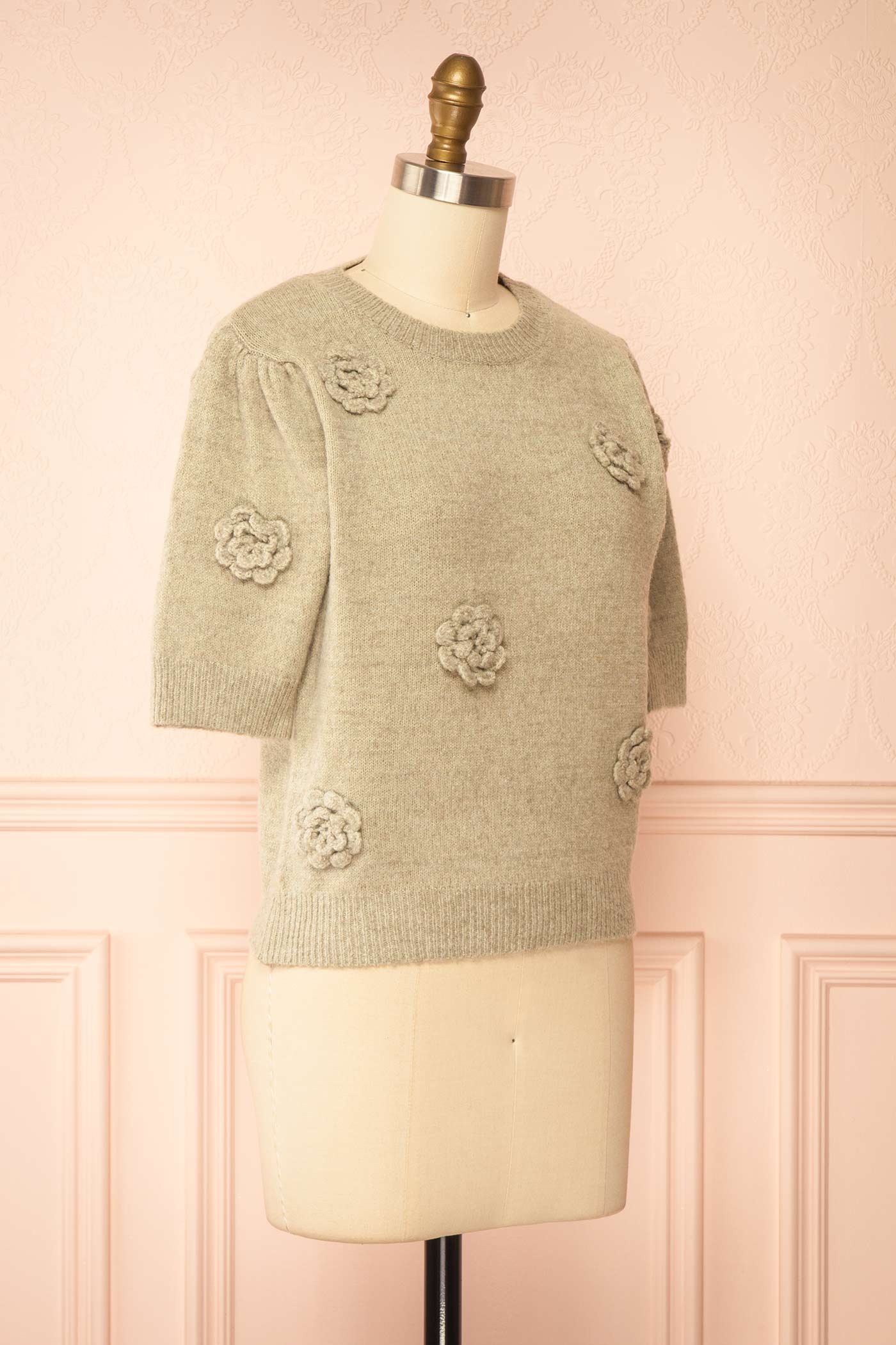 side view of Zuniki Sage Knit Top with Crochet Flowers at Boutique 1861  