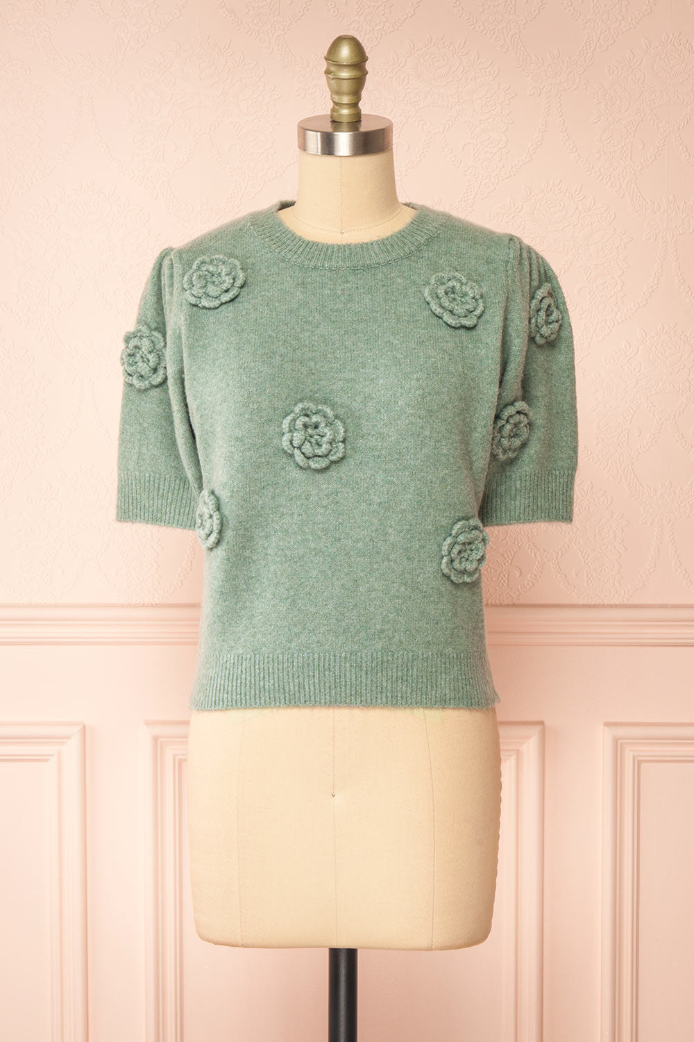 Zuniki Sage Knit Top w/ Crochet Flowers | Boutique 1861 front view