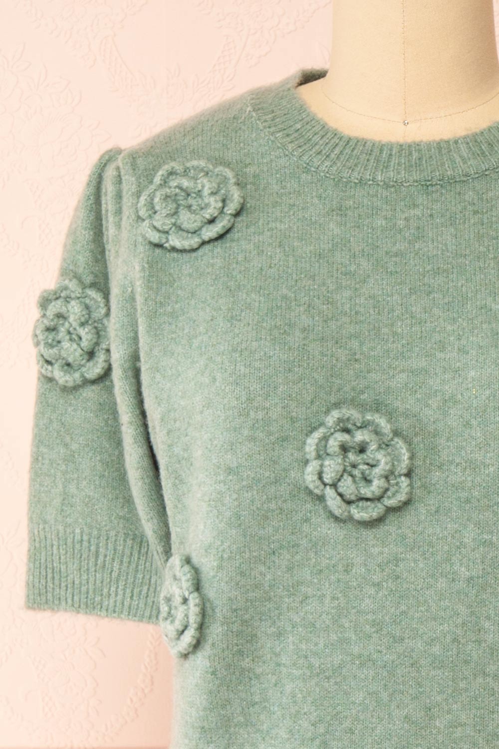 Zuniki Sage Knit Top w/ Crochet Flowers | Boutique 1861  front