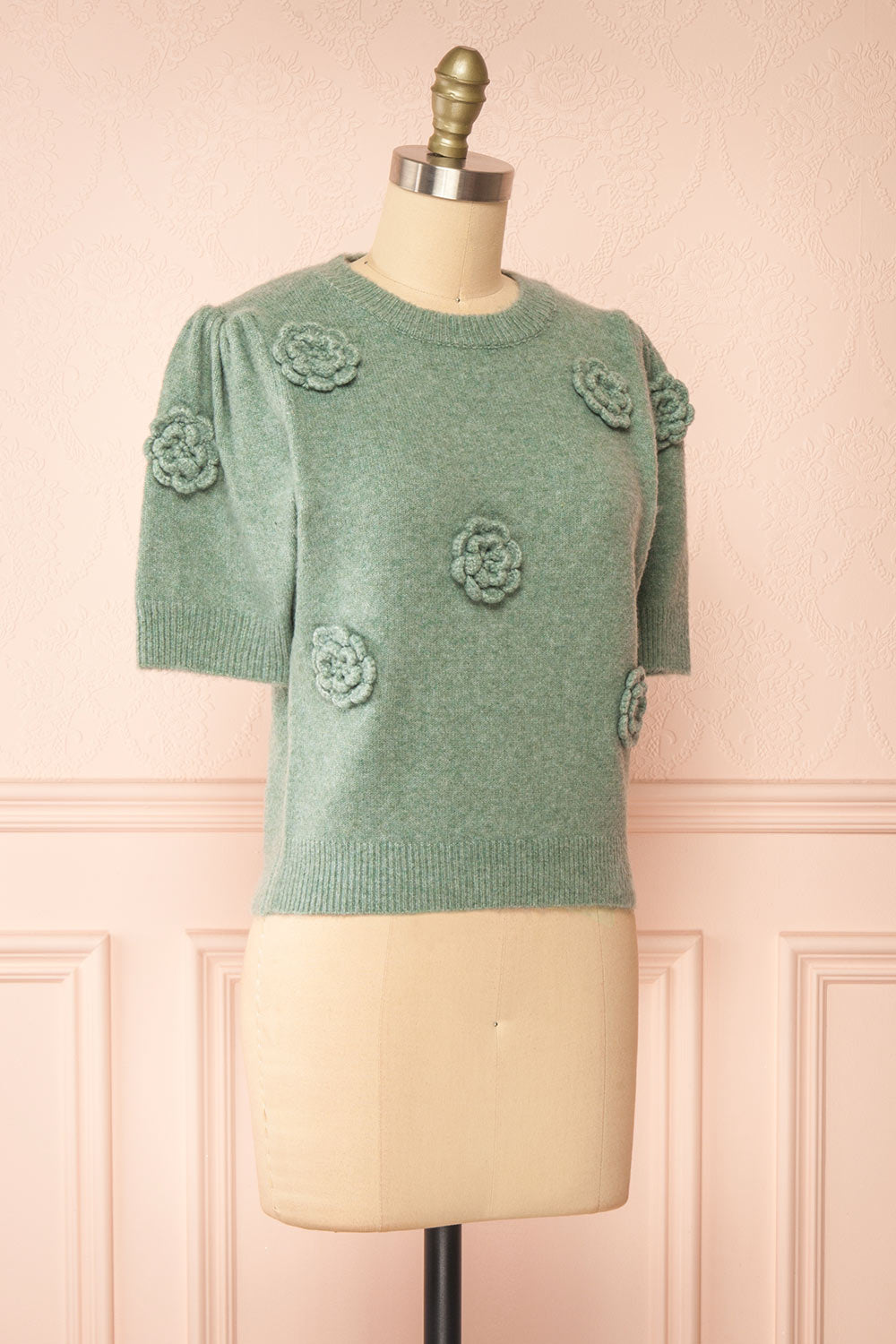 Zuniki Sage Knit Top w/ Crochet Flowers | Boutique 1861 side view 